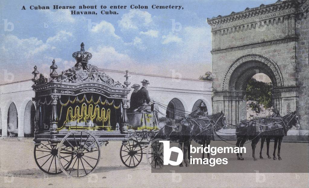 Cuban hearse about to enter Colon Cemetery, Havana, Cuba (coloured photo)