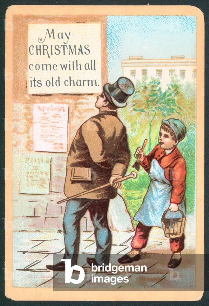 Message painted on wall, Christmas Card (chromolitho)