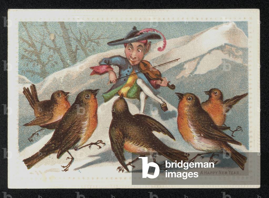 Elf with a fiddle entertaining a group of robins, New Year's greetings card. (chromolitho)