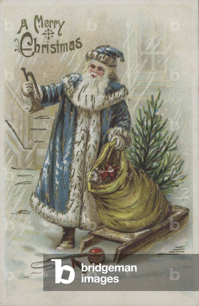 Greetings card depicting Santa Claus delivering his gifts by sledge. (chromolitho)