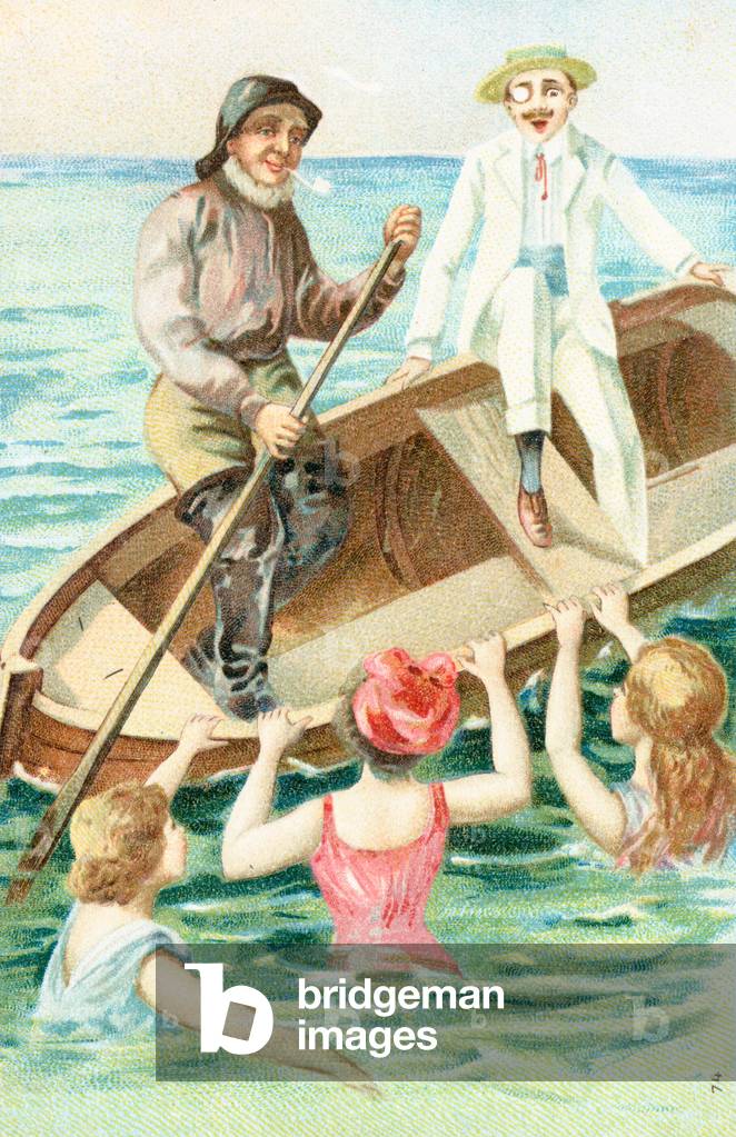 A sailor rowing a boat as bathers pull on the side of the boat (colour litho)