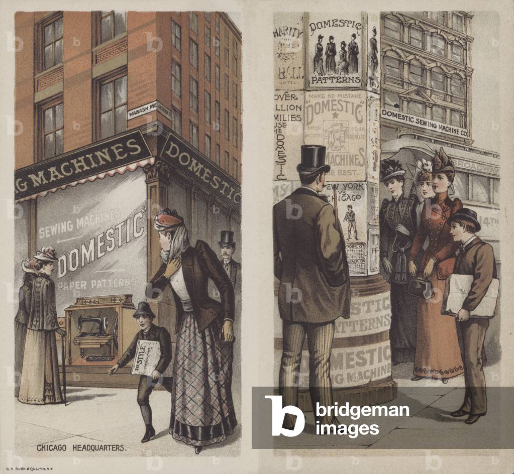 Advertisement for the Domestic Sewing Machine Company, Chicago, Illinois, USA (colour litho)