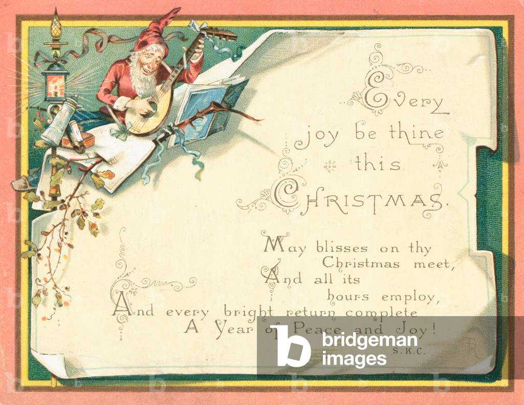 Elf Playing Mandolin, Christmas Card (chromolitho)