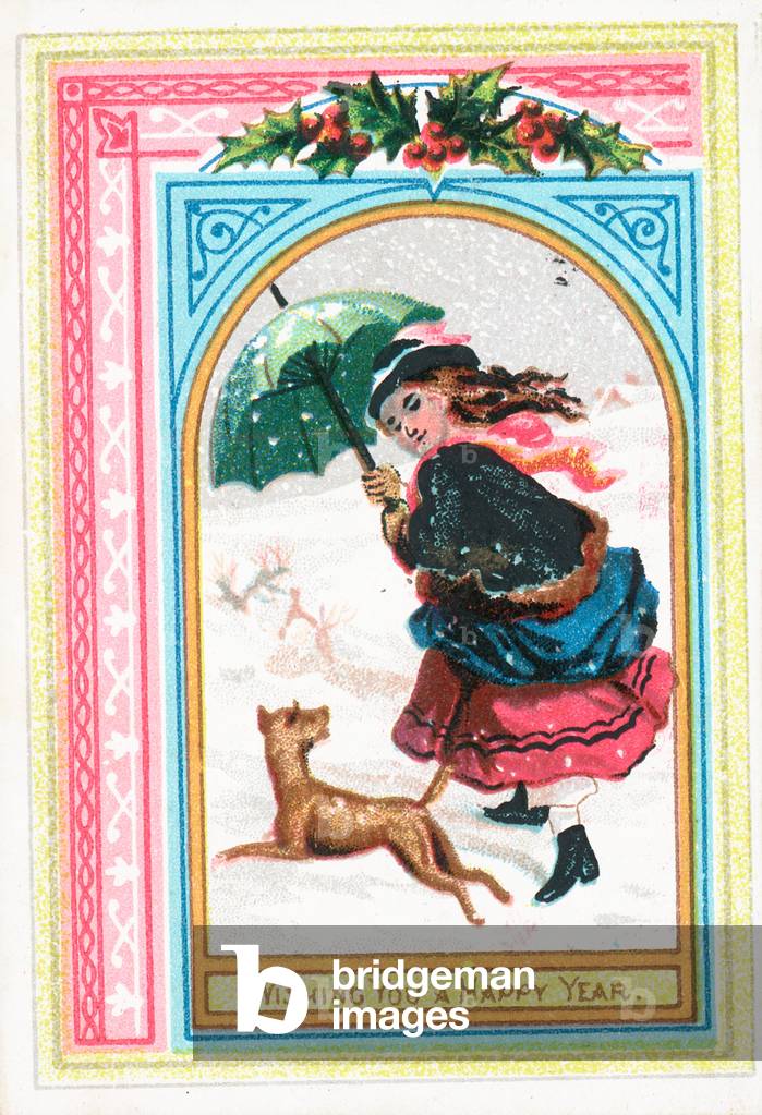 Girl and dog running in the snow, New Year Card (chromolitho)