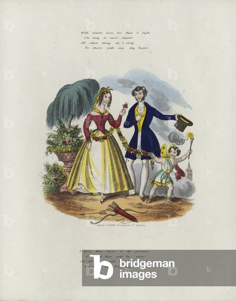 British Valentine card with an image of a cherub pulling a woman along with a string of flowers (colour litho)