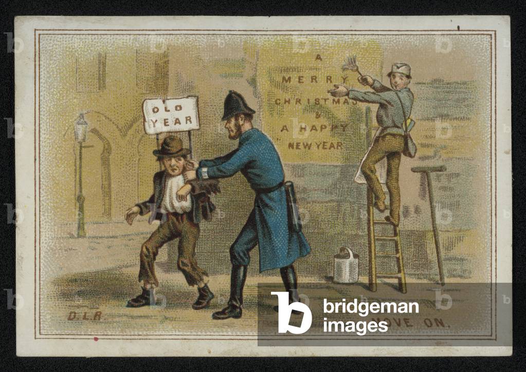 Policeman overseeing the arrival of the New Year, greetings card. (chromolitho)