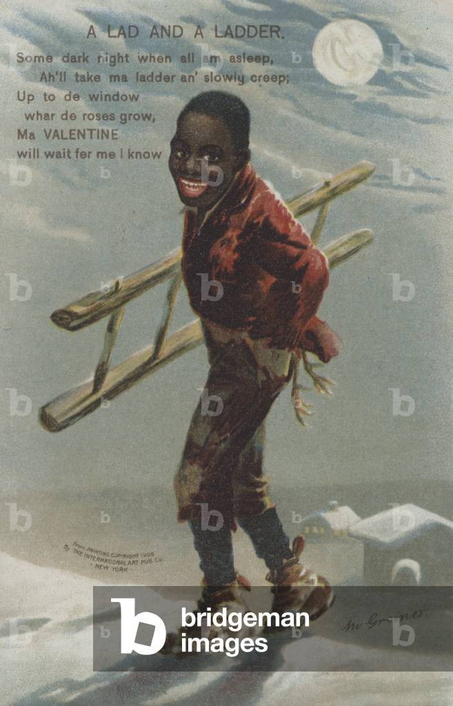 Valentine's greeting card depicting a black boy under the moonlight with a ladder (chromolitho)