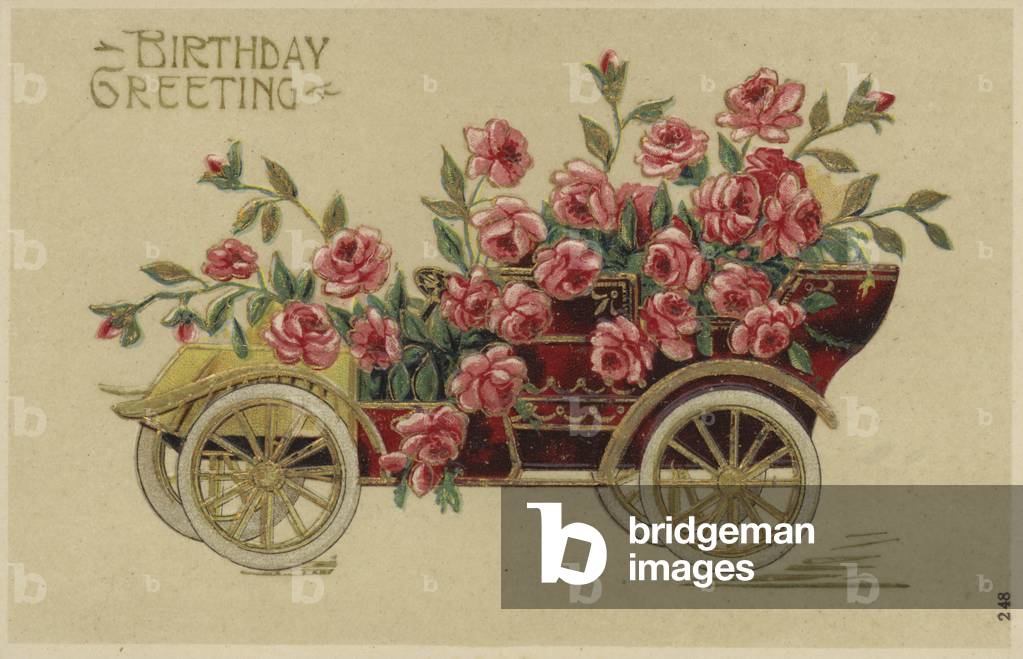 Car festooned with flowers (colour litho)