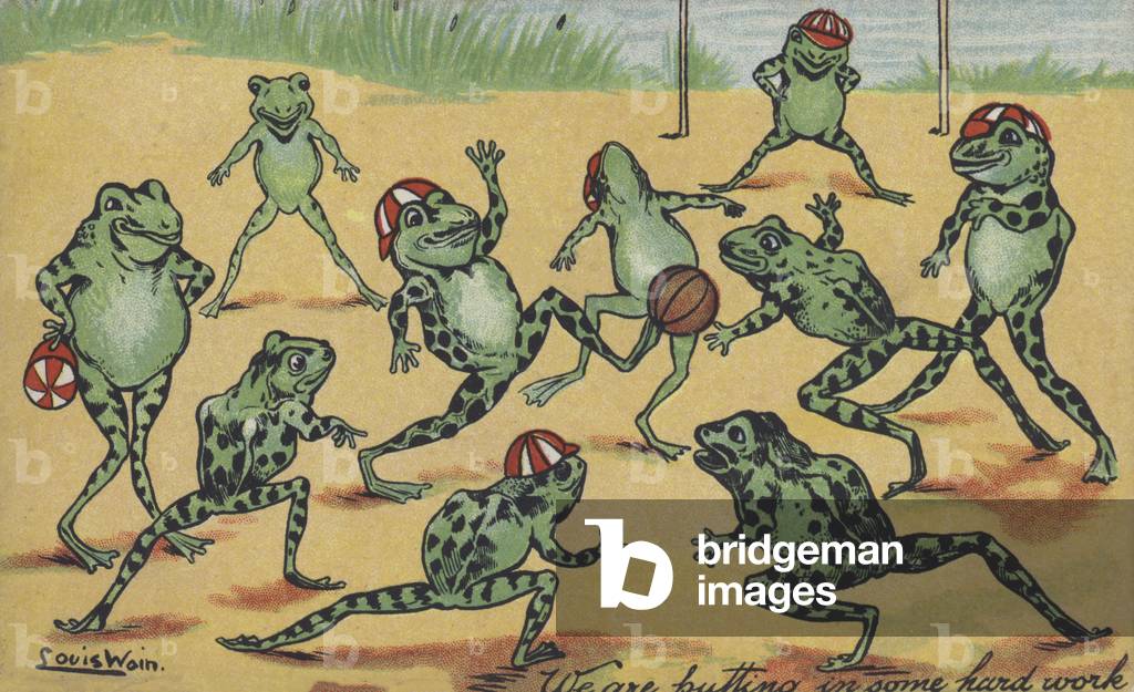 Frogs playing football (chromolitho)