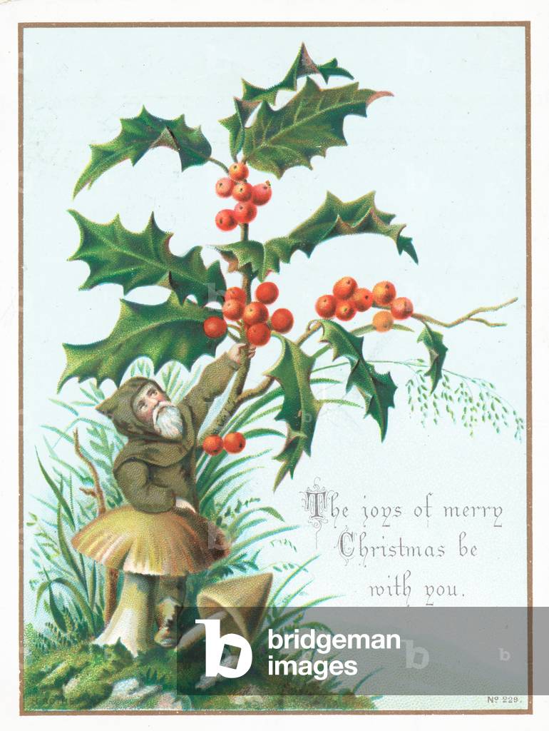 Pixie picking Holly, Christmas Card (chromolitho)