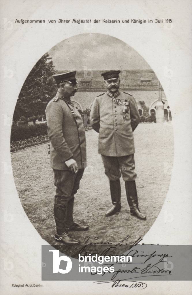 Kaiser Wilhelm II with Field Marshal Paul von Hindenburg, commander of the German army, Posen, World War I, 1915 (b/w photo)