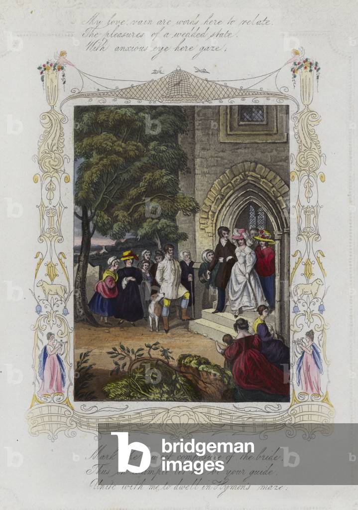 British Valentine card with an image of a wedding party leaving a church (colour litho)