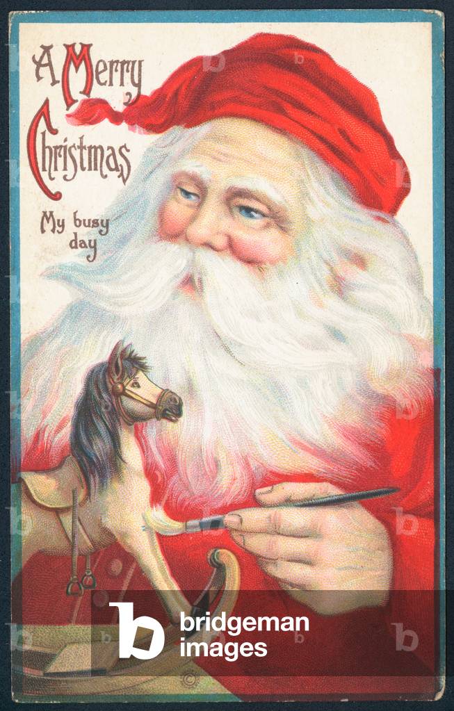 Father Christmas painting rocking horse, Christmas Card (chromolitho)