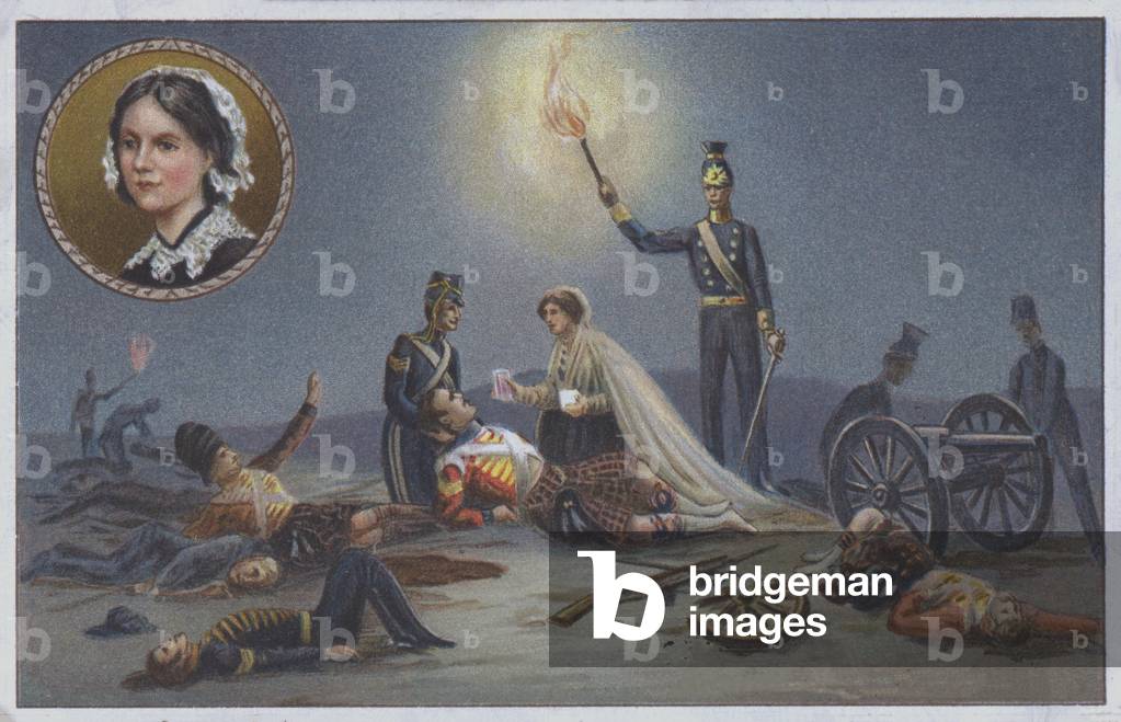 Florence Nightingale assisting the wounded and dying on the battlefield during the Crimean War, 1853-1856 (chromolitho)