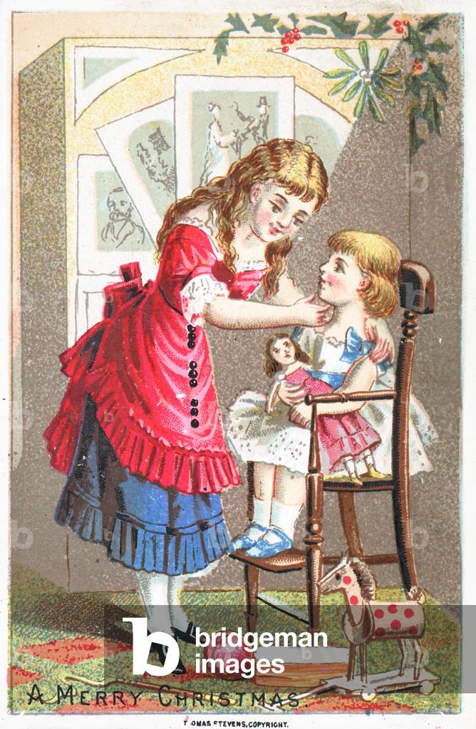 Girl talking to young child in high chair, Christmas Card (chromolitho)
