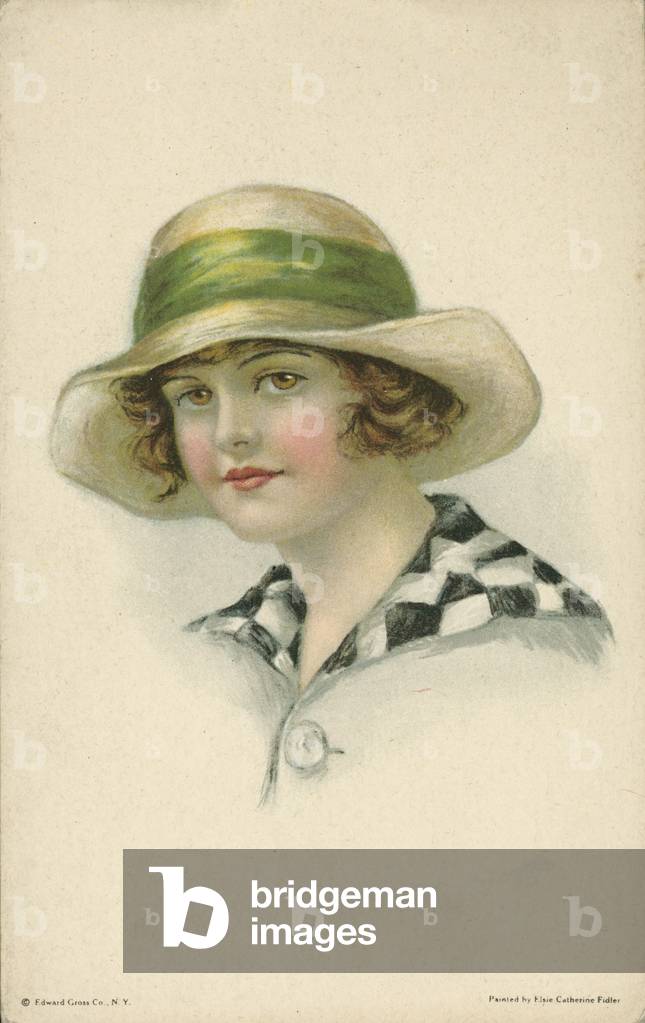 Portrait of a pretty young woman in a straw hat (colour litho)