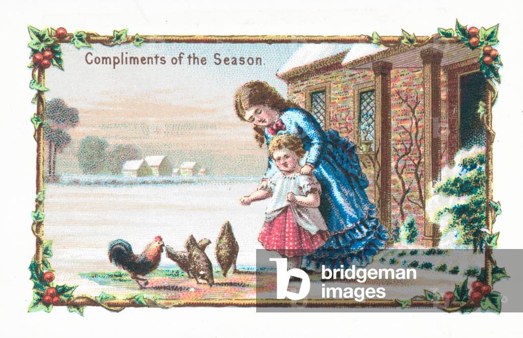 Feeding Chickens, Christmas Card (chromolitho)