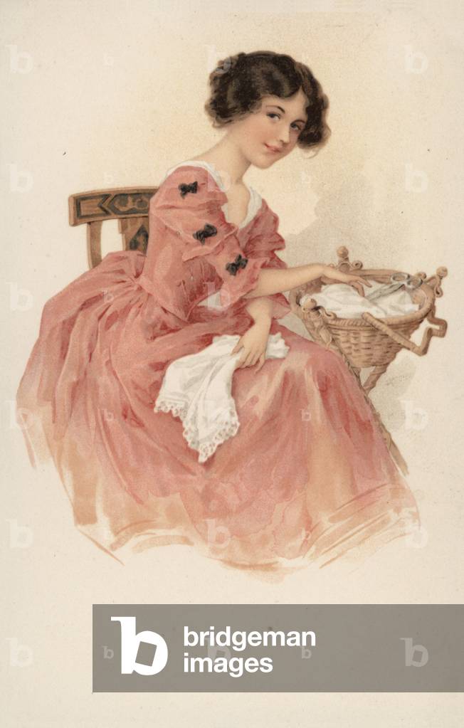 Girl in pink with a sewing basket (colour litho)