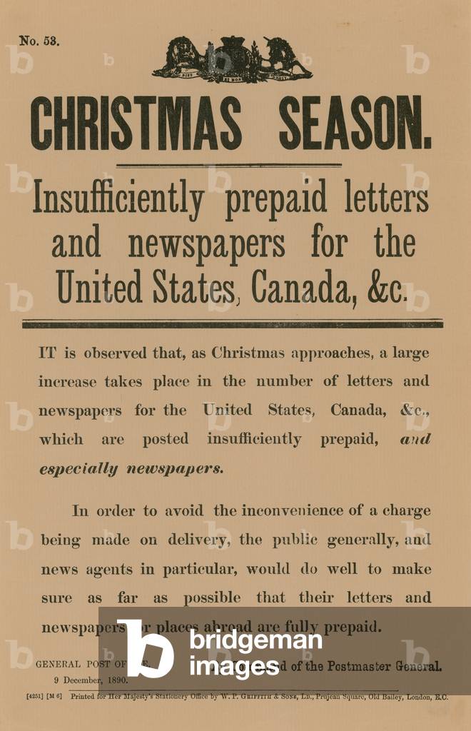 Christmas postage notice by command of the Postmaster General, 9 December 1890 (colour litho)