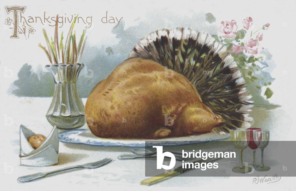 Thanksgiving Day greetings card depicting a turkey on the dinner table. (chromolitho)