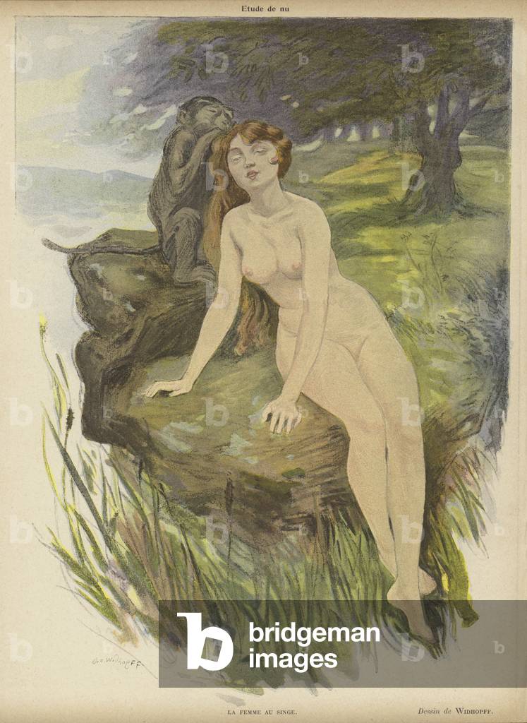 The Woman with the Monkey (colour litho)