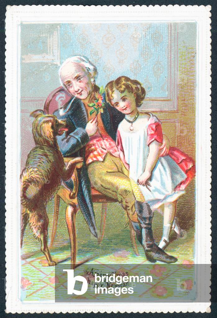 Old gentleman sitting in chair with girl and dog, Christmas Card (chromolitho)