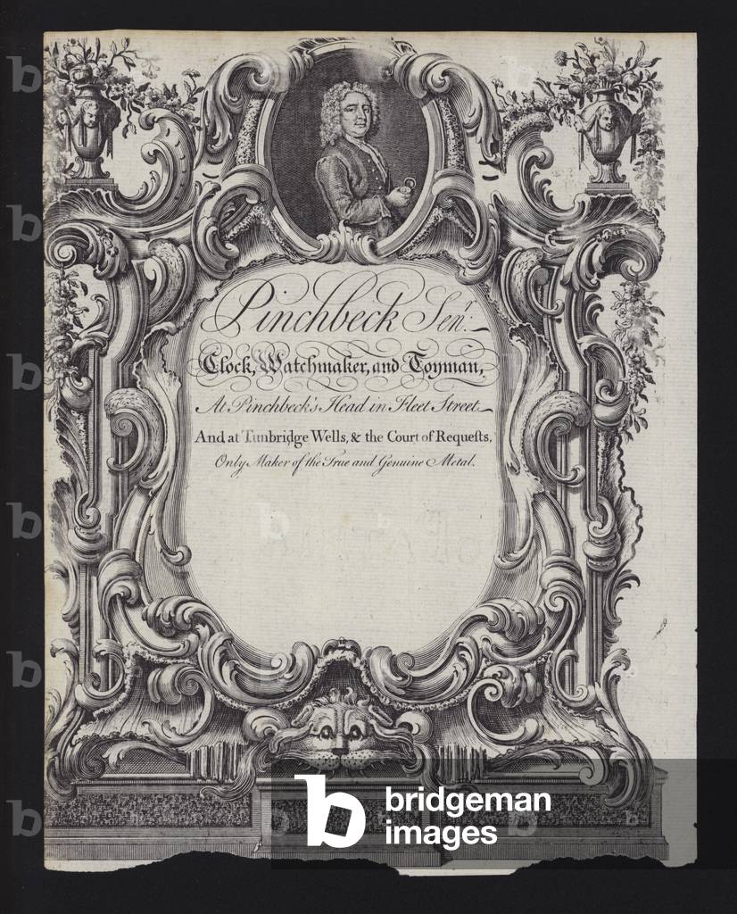 Advertisement for Pinchbeck, clock and watchmaker and toyman, Fleet Street, London, and Tunbridge Wells, Kent (engraving)