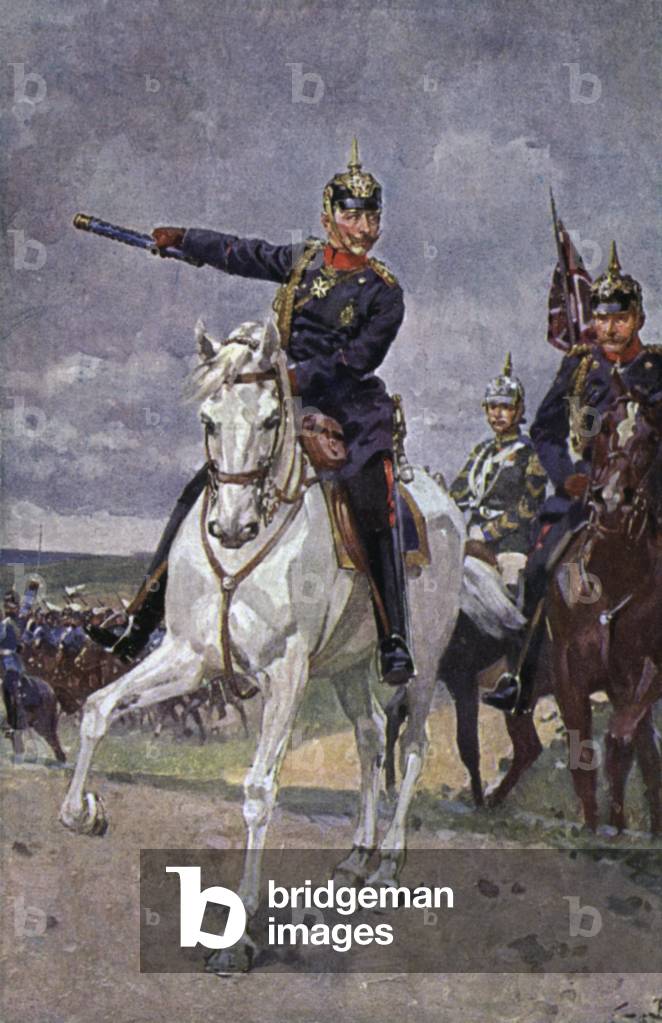Kaiser Wilhelm II with the German army on manoeuvres (colour litho)