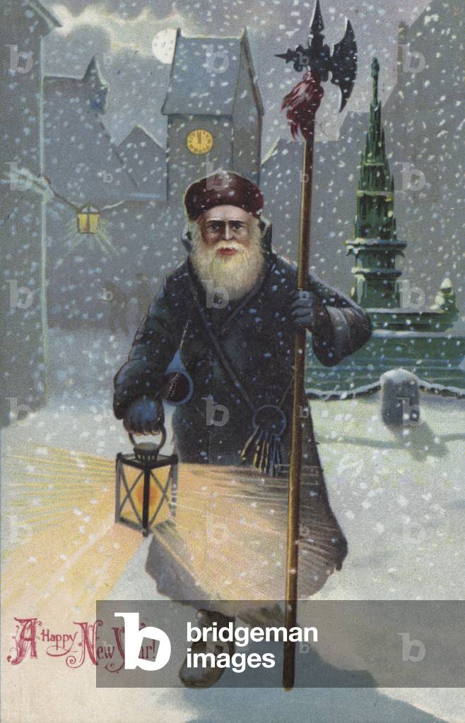 New Year's greetings card depicting a man with a lantern in a snowy town (chromolitho)
