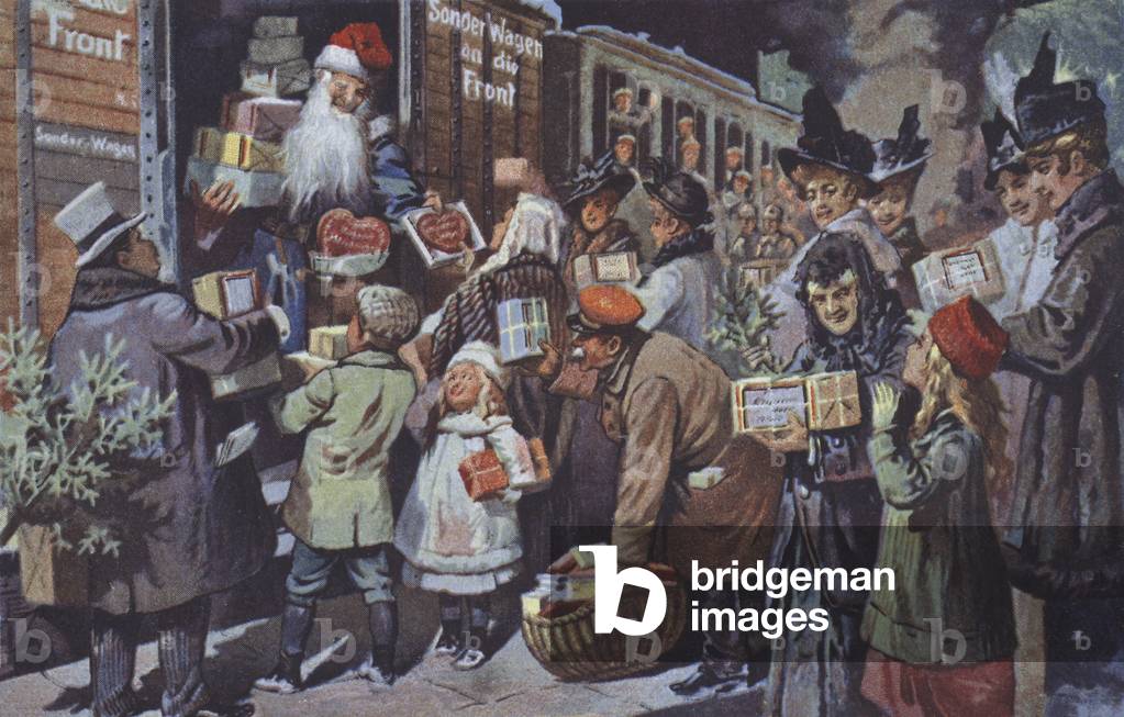 Father Christmas loading parcels containing gifts onto a train to carry them to German troops at the front, World War I (colour litho)