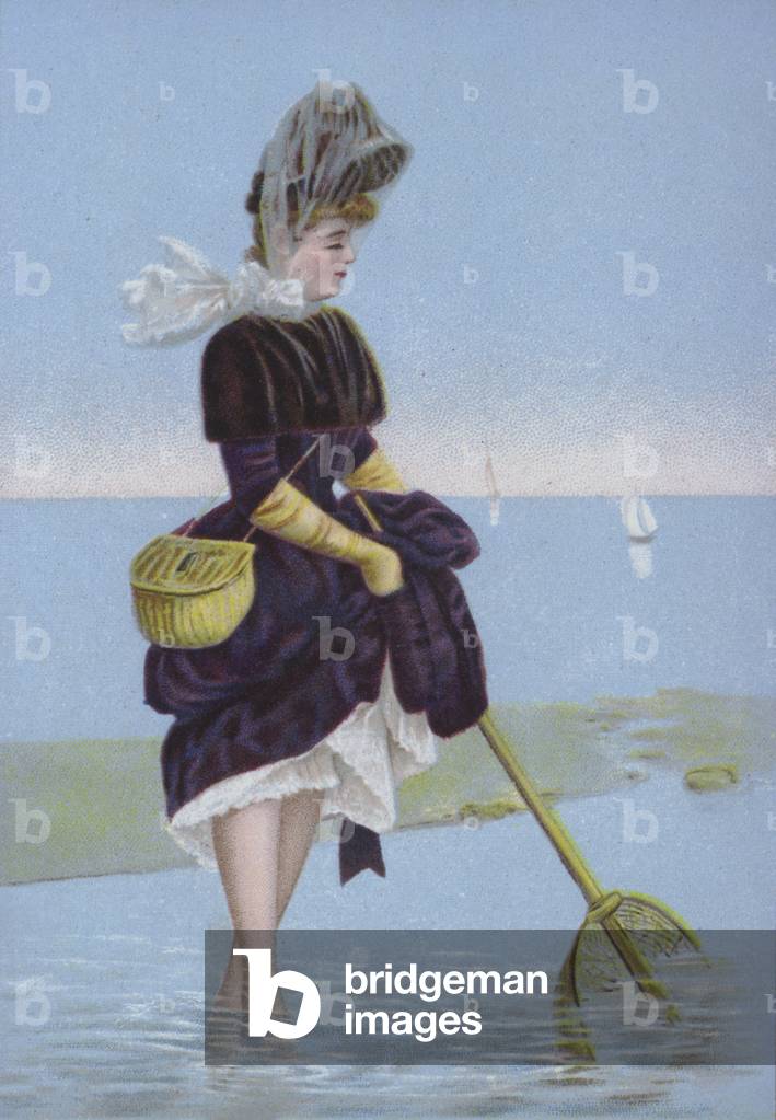 Woman using a fishing net at the seaside (chromolitho)