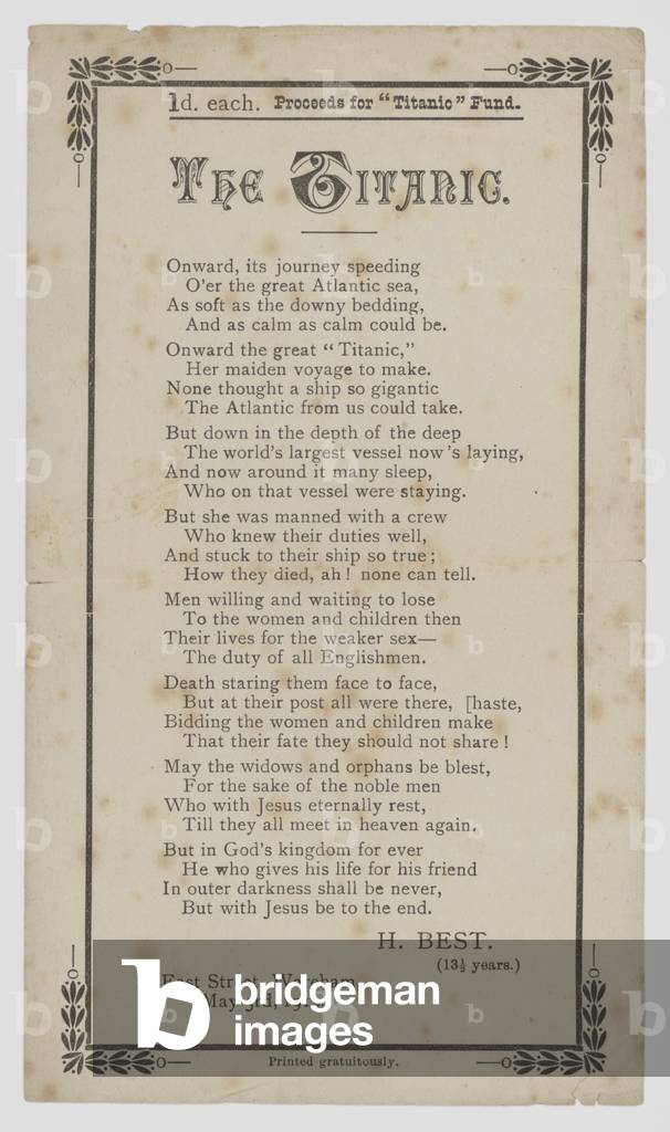 The Titanic, poem by H Best, aged 13 1/2 (litho)