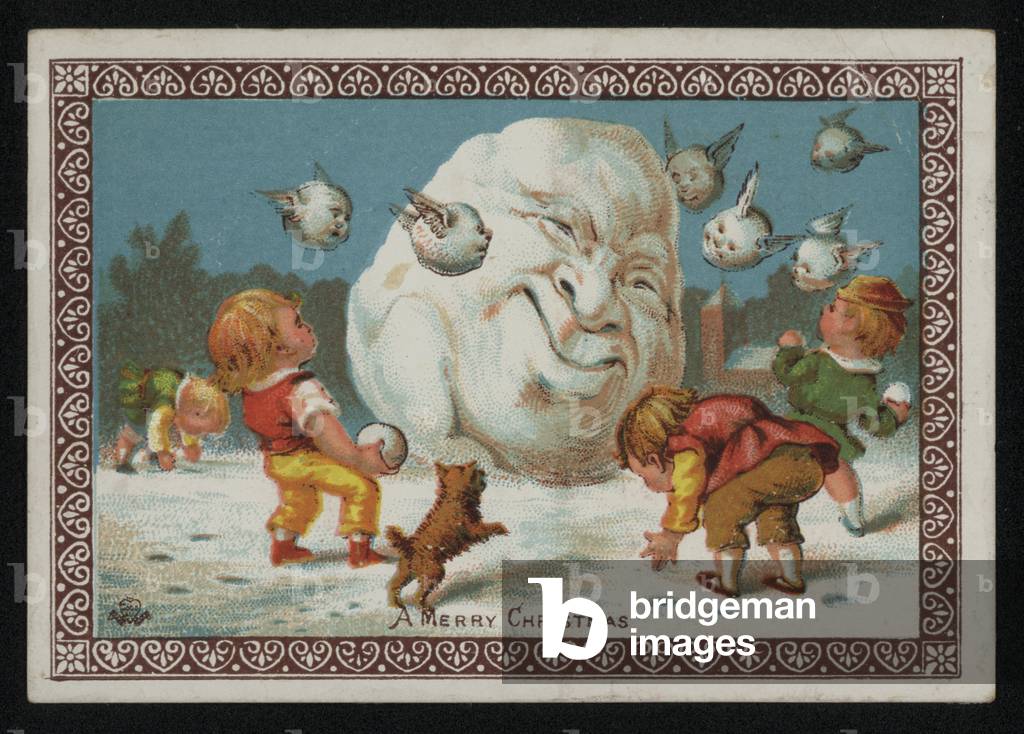 Boys throwing snowballs at a snowman, Christmas greetings card. (chromolitho)