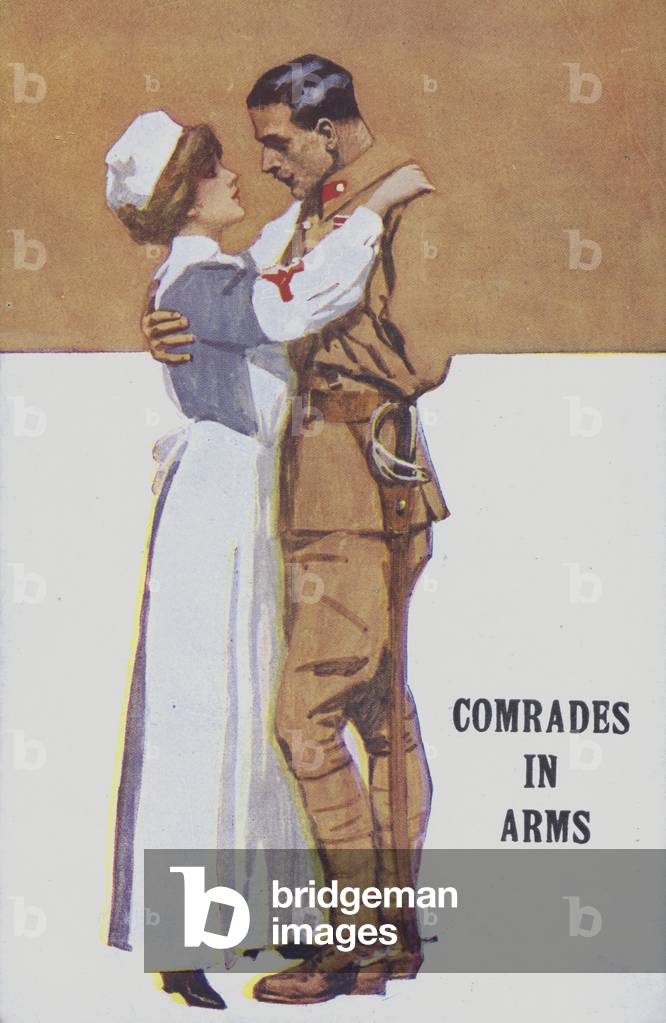 Comrades in arms: An army officer and a nurse in an embrace during The First World War (colour litho)