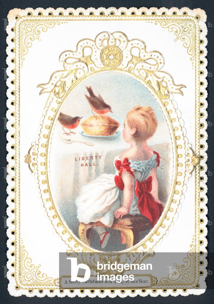 Robins eating the pie! Christmas Card (chromolitho)