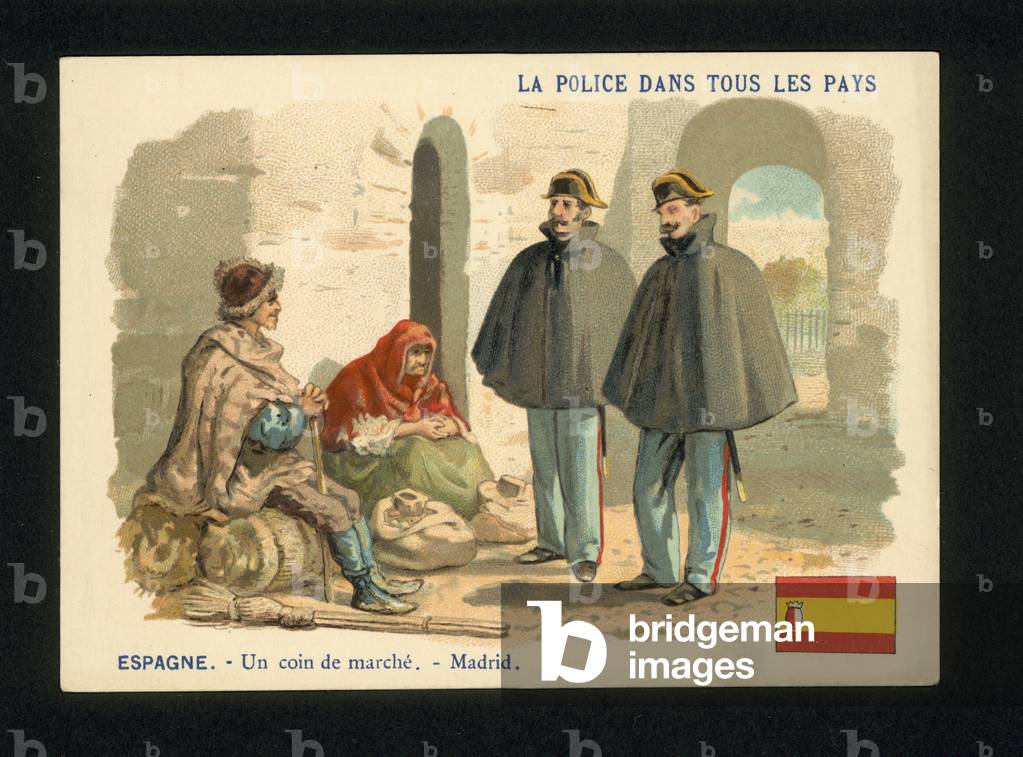 Police officers on patrol in a corner of a market in Madrid, Spain (chromolitho)