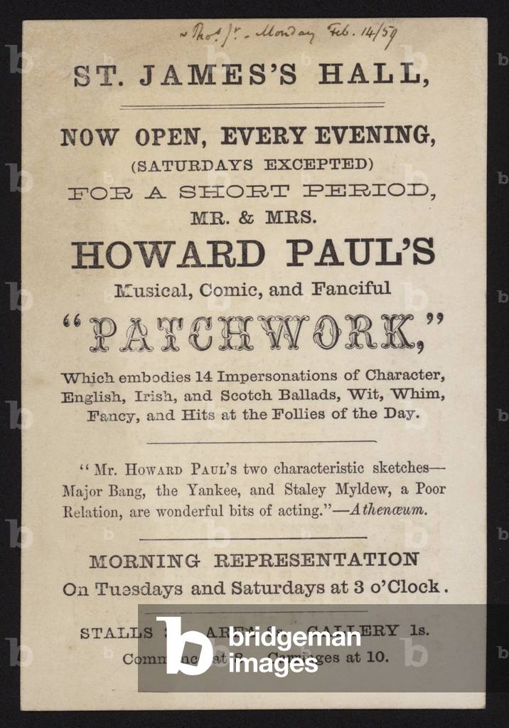 Victorian playbill advertising a performance of Mr and Mrs Howard Paul's musical, comic and fanciful show Patchwork, at St James's Hall, London, 1859 (litho)