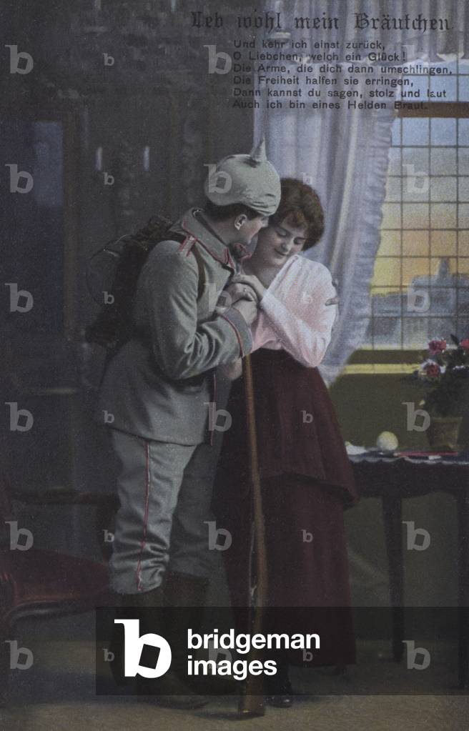 German soldier saying farewell to his wife before going off to war (coloured photo)