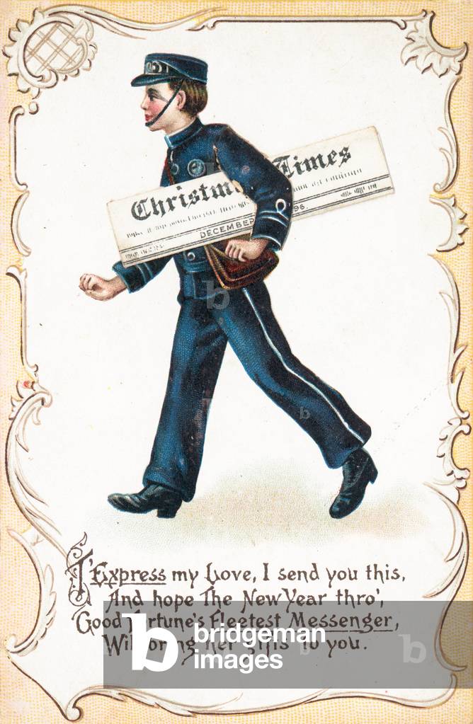 Boy delivery Christmas Times Newspaper, Christmas Card (chromolitho)