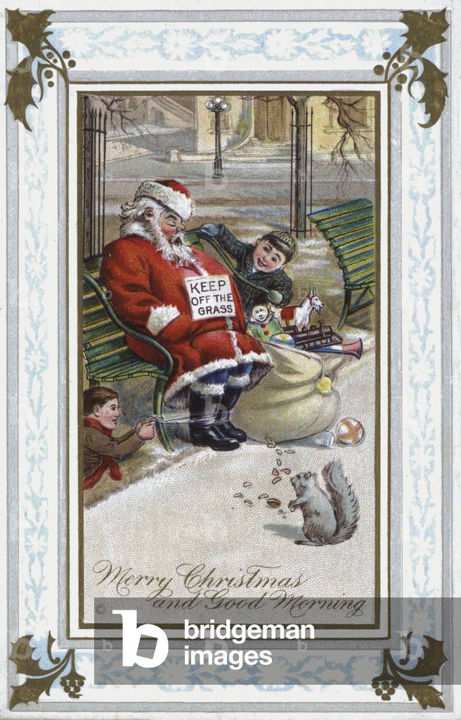 Father Christmas, asleep in the park (chromolitho)