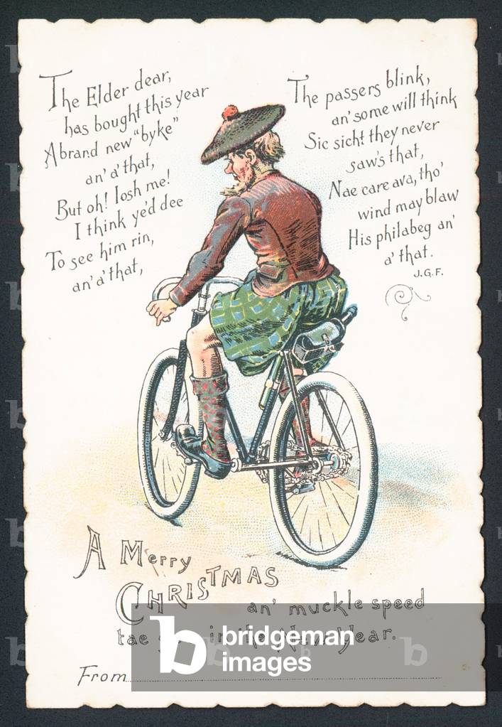 Scotsman on bike, Christmas Card (chromolitho)