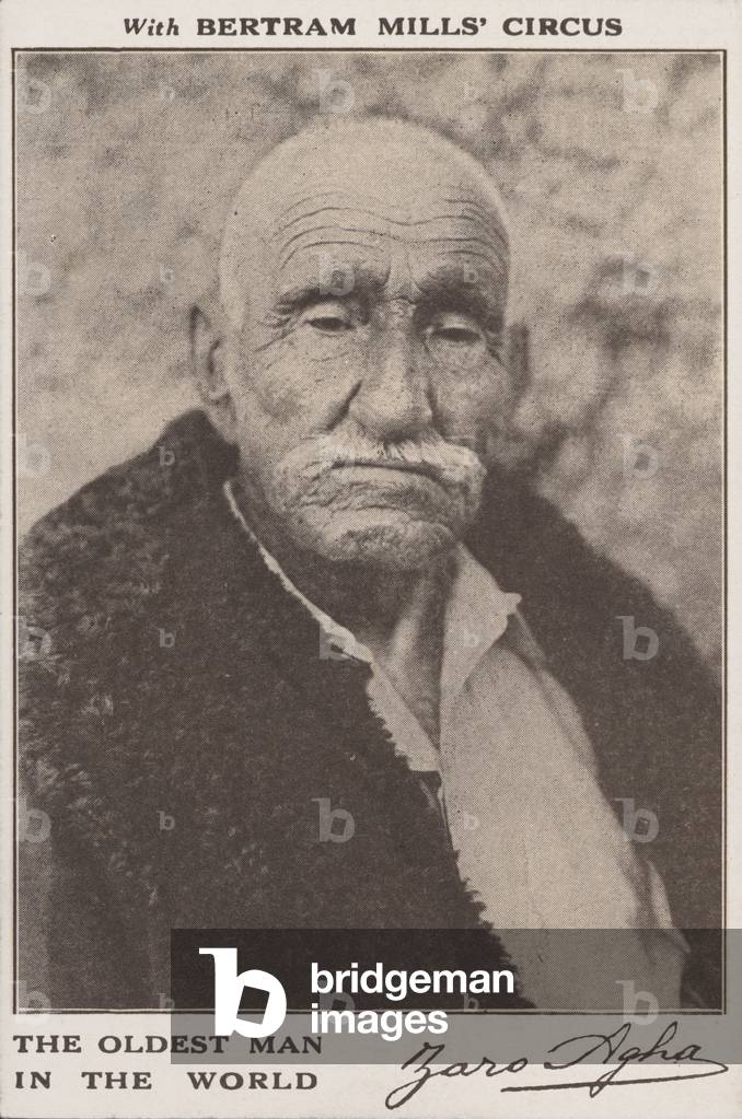 Zaro Aga, the oldest man in the world, touring with Bertram Mills' Circus (b/w photo)