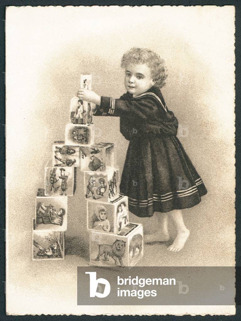 Child playing with building blocks (chromolitho)