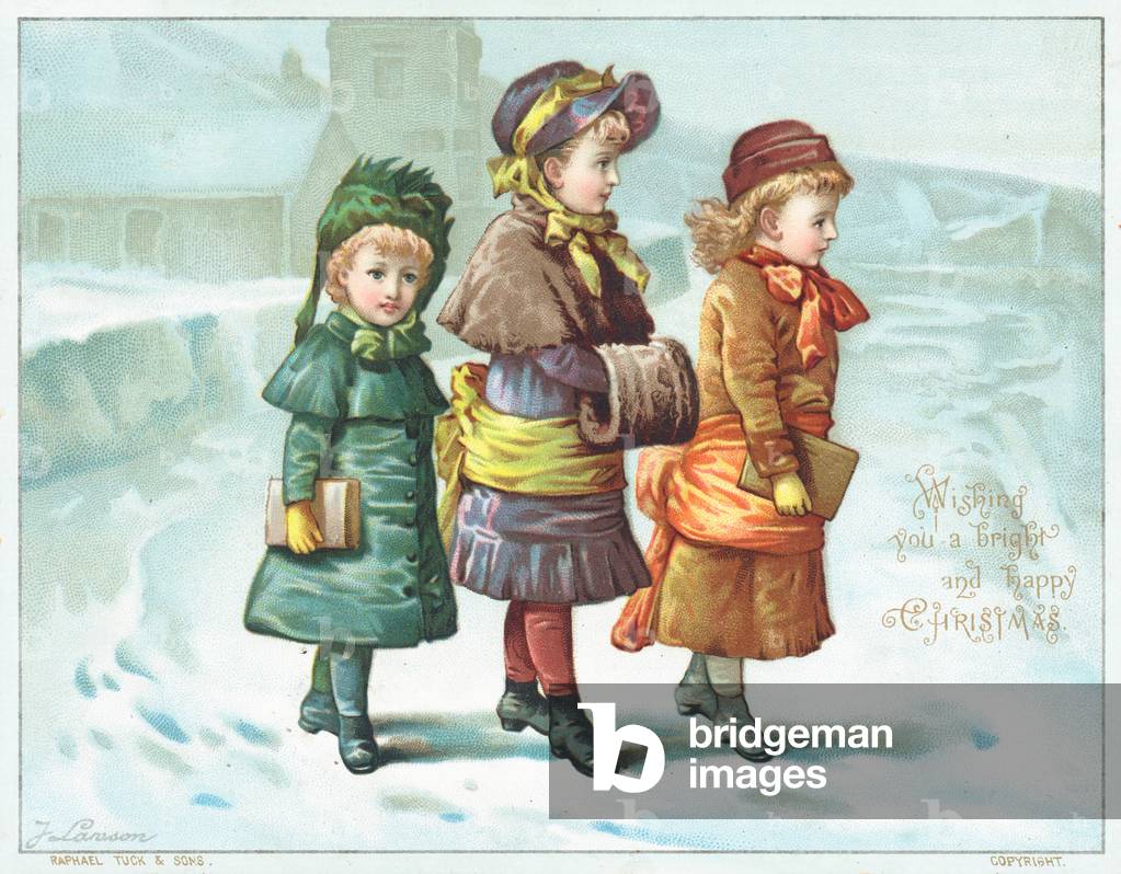 Girls walking in the snow, Christmas Card (chromolitho)