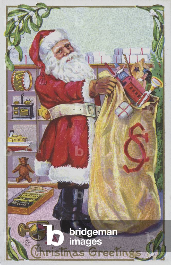 Christmas greetings card depicting Santa Claus with a sack full of gifts. (chromolitho)