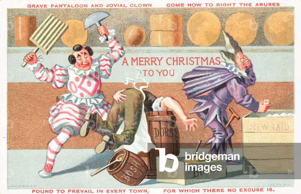 Clowns spanking shop keeper, Christmas Card (chromolitho)