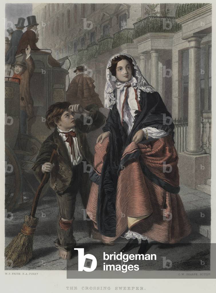 The Crossing Sweeper (coloured engraving)