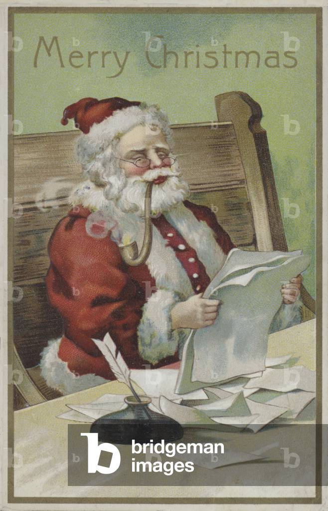 Christmas greetings card depicting Santa Claus checking his list. (chromolitho)