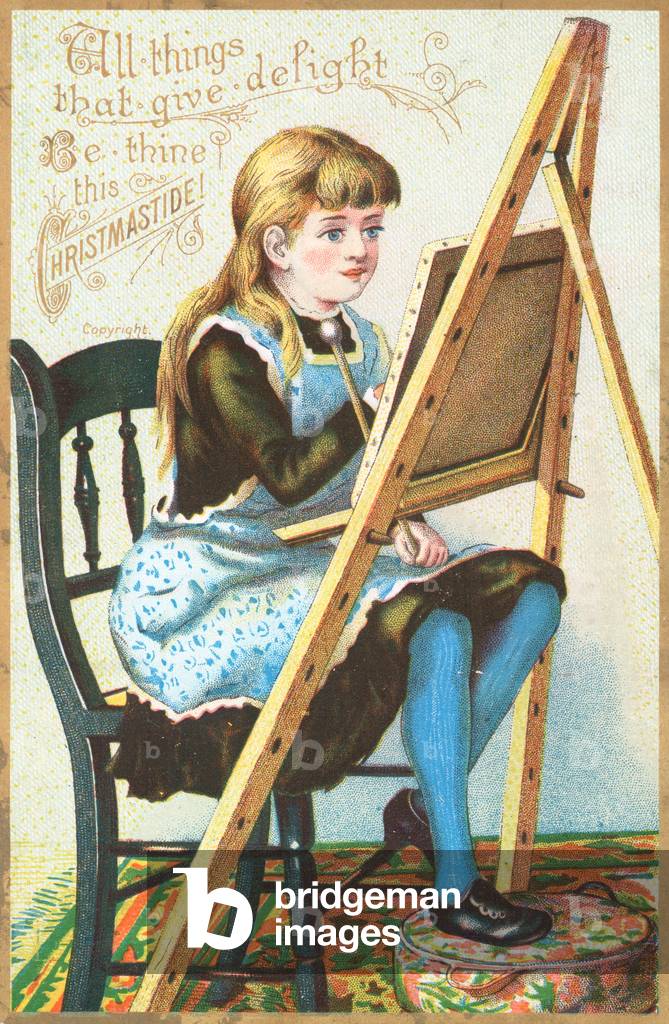 Girl sitting at easel painting, Christmas Card (chromolitho)