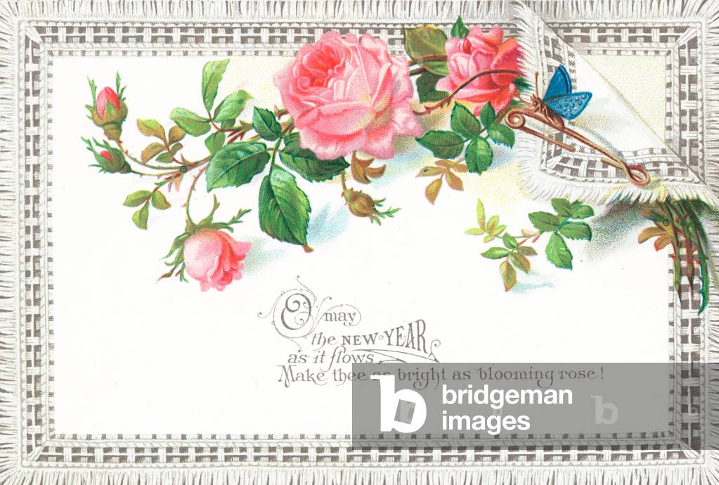 Pink roses and blue butterfly, New Year Card (chromolitho)